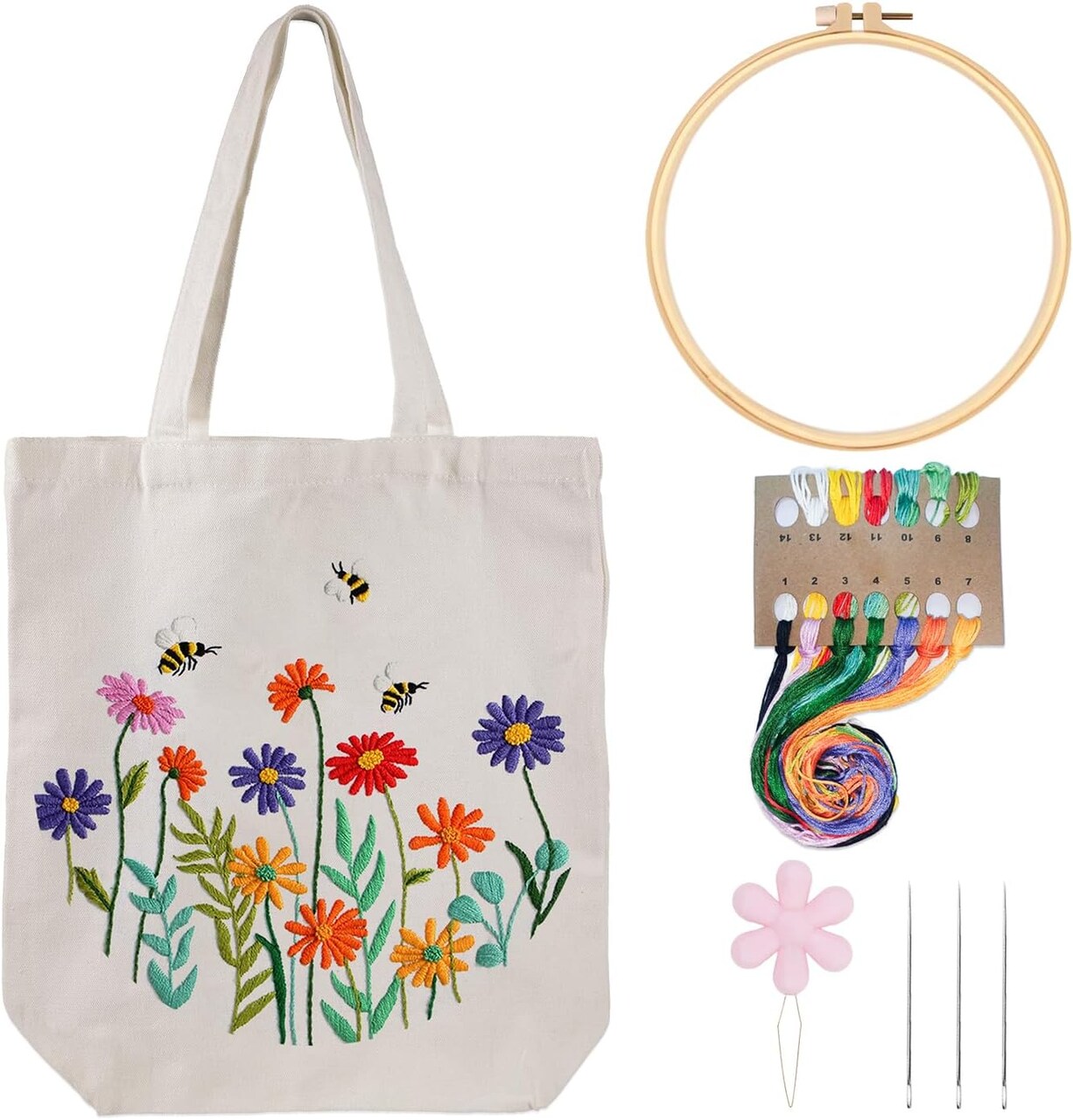 Canvas Tote Bag Embroidery Kit for Beginners (daisy flower) 11.81 x 9.84 x 1.02 inches